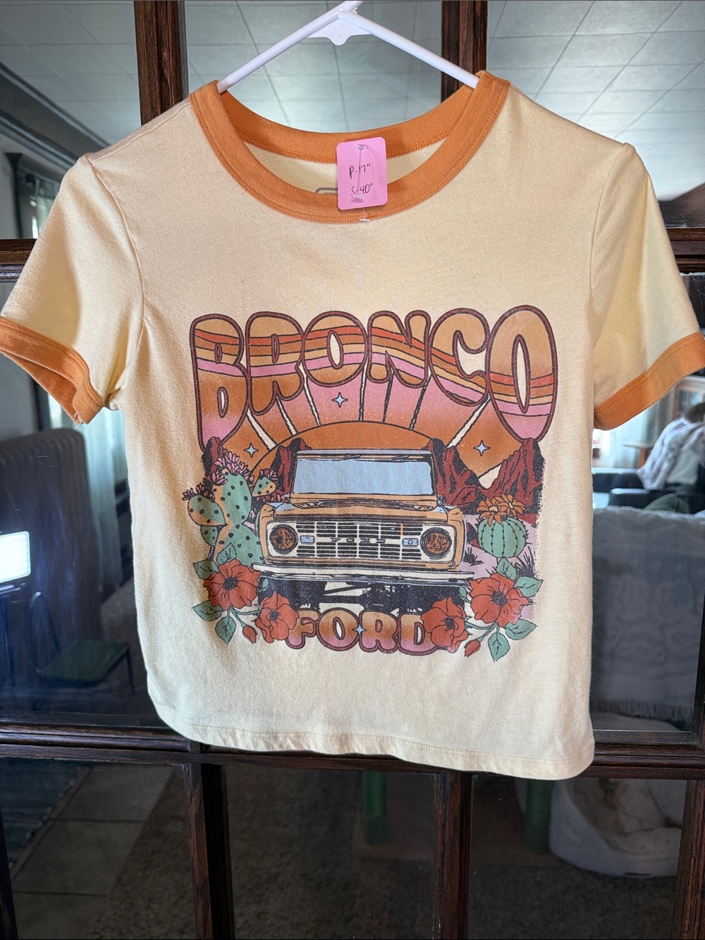 Ford Bronco Graphic Crop Tee - Cream with Orange Trim